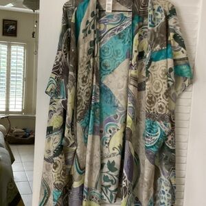 Chico's Teal, Gray & Lime Floral Open-Front Kimono